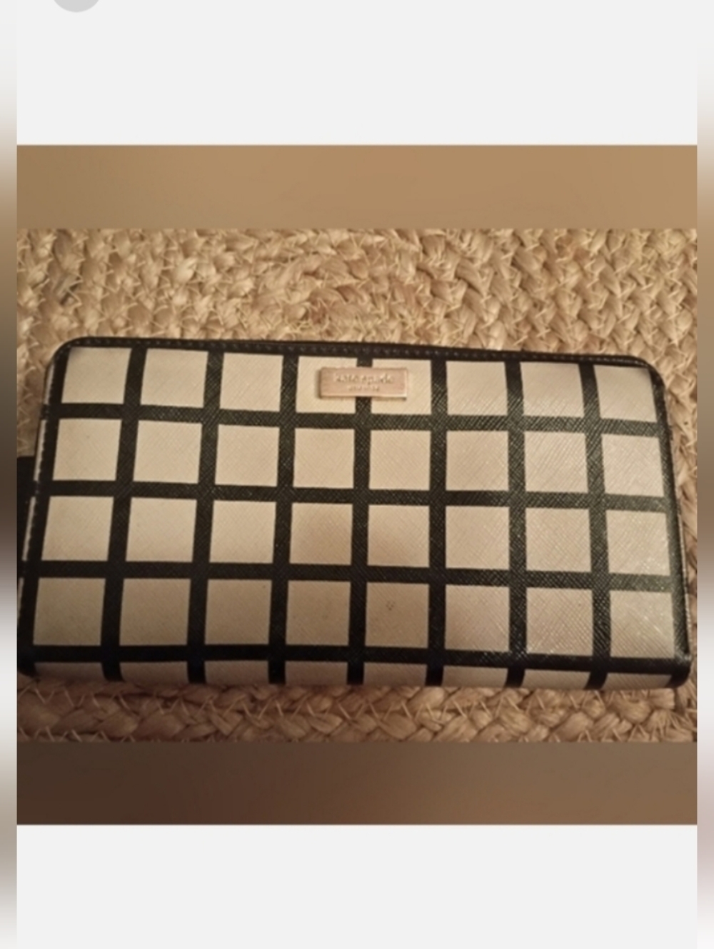 Kate Spade Stacy Laurel Print Black Tan Checkered Trifold Zip Wallet Preppy